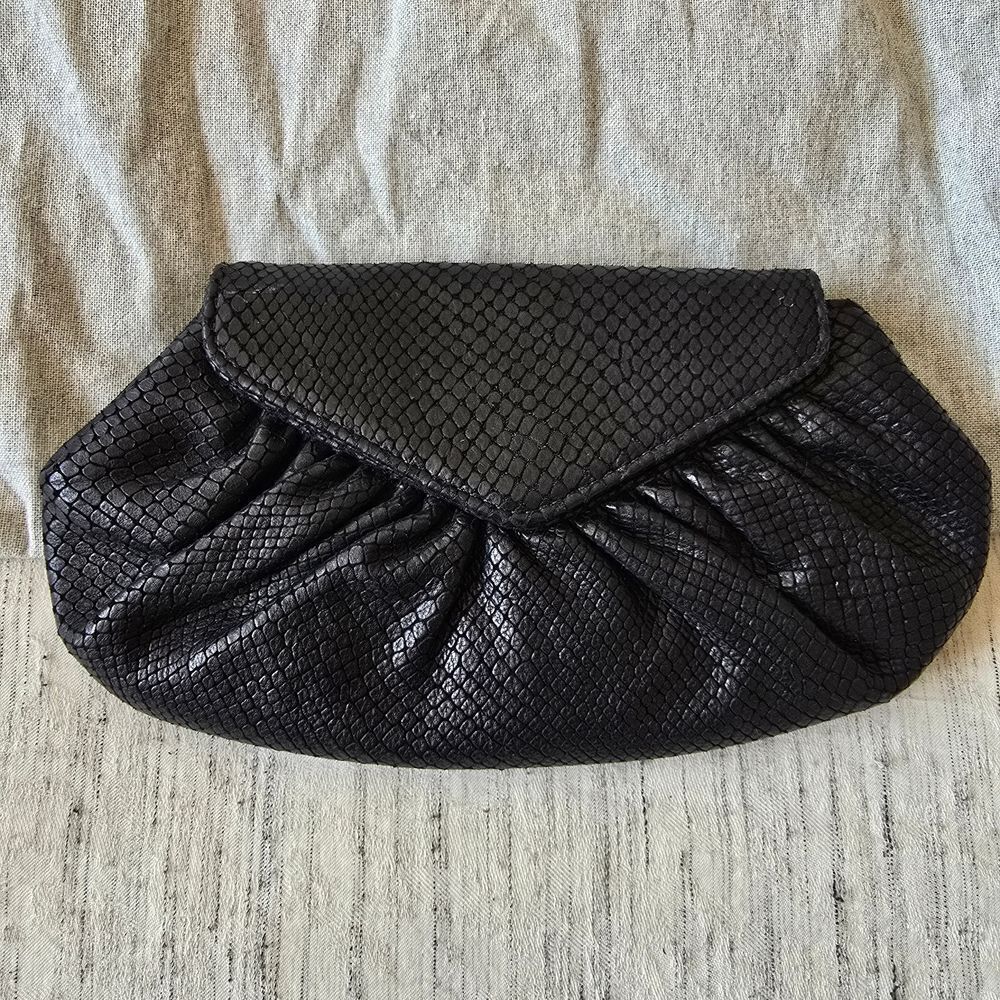 Vintage Lauren Merkin Reptile Textured Black Leather Clutch